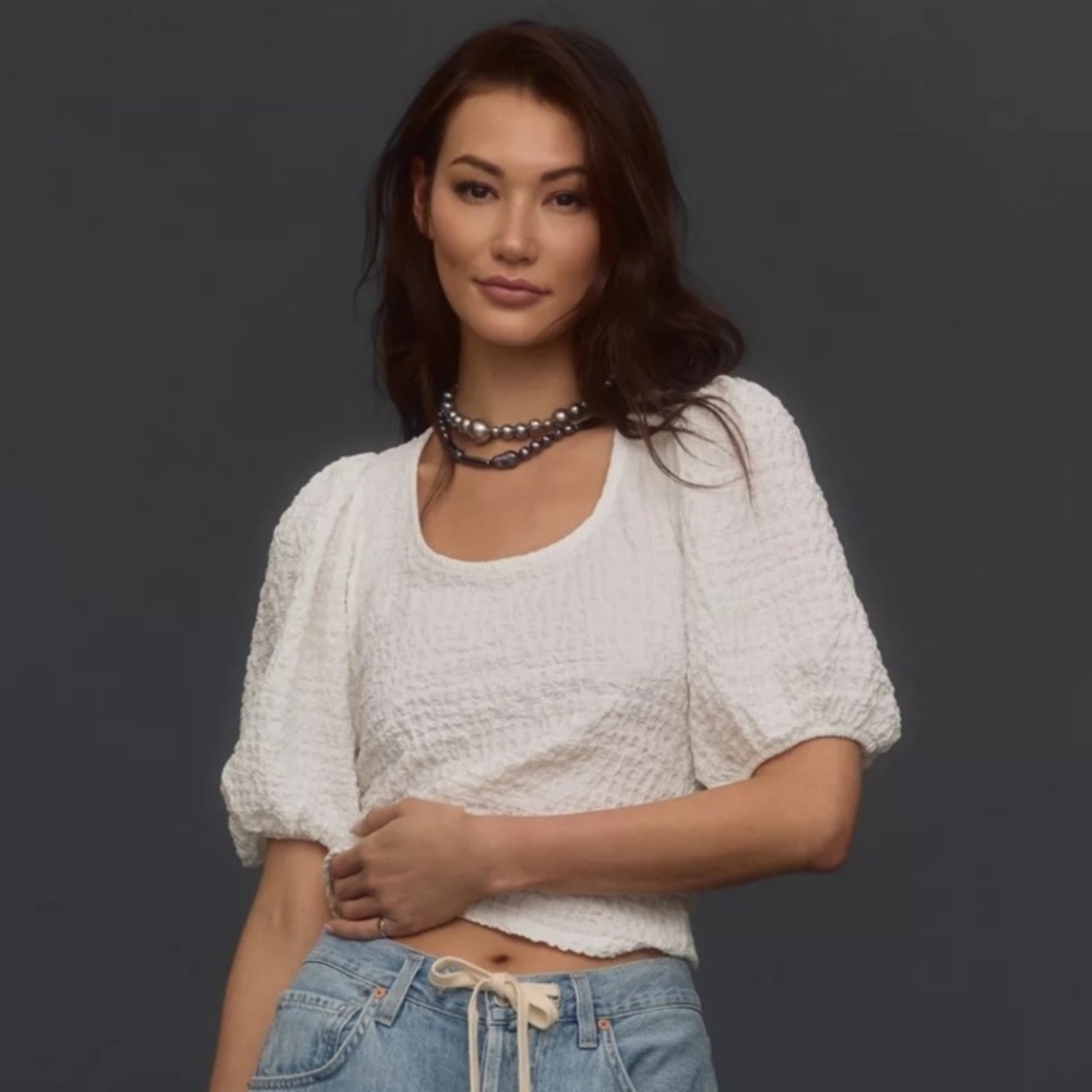 MAUVE x Anthropologie White Balloon-Sleeve Textured Top Cottagecore Resort